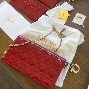 AUTHENTIC Christian Dior Lady Dior calf leather pouch cherry red w/box, tags